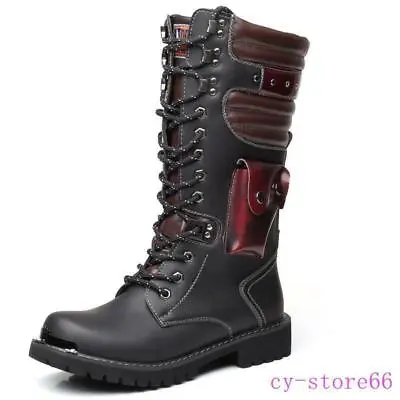 Men Mid Calf Boot Riding Military Combat Motorcycle Shoes Pockets Leather Cowboy • $73.59