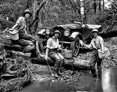 1919 GIRLS FLY FISHING Next To Vintage Studebaker PHOTO  (176-z) • $11.97