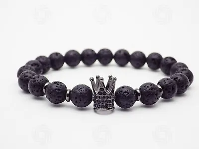 Mens Black Crown Lava Stone Power Warrior Bracelet King Beads Viking Gift UK • £5.99