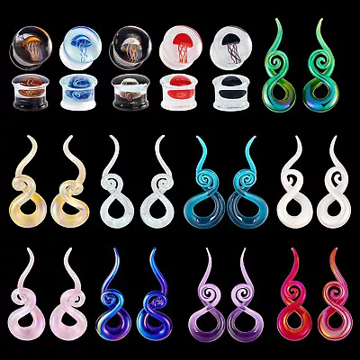Pair Pyrex Glass Ear Plugs Spiral Twist Taper Jellyfish Ear Gauges Flesh Tunnels • $10.92