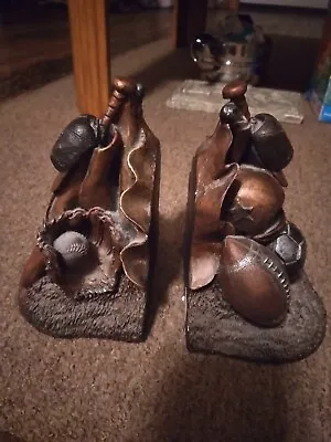 *RARE* Vintage Pair Sports Resin Bronze Painted Bookend Football Baseball Soccer • $59.99