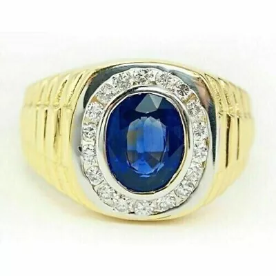 2.00Ct Oval Cut Sapphire Created Halo Men's Engagement Ring 14K Yellow Gold Over • $105.59