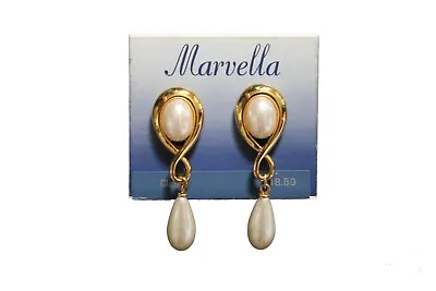 Vintage Marvella Gold Tone And Faux Pearl Drop Clip On Earrings Bridal Classic • $25