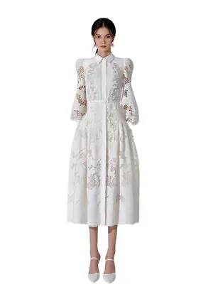 Self Portrait Ladies Maxi Embroidered Collared Puff Sleeve Belted Shirt Dress • $63.91