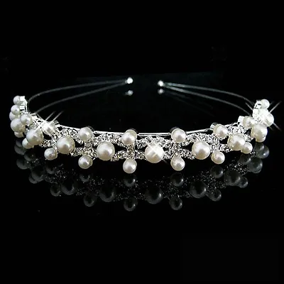 £9.99 • Buy Silver Rhinestone Bridal Crown Tiara Pearl Diamante Wedding Party Prom Headband 