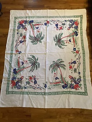 Vintage Mid Century Modern Printed Tablecloth Hawaii Tropical Theme 46” X 57” • $24.99