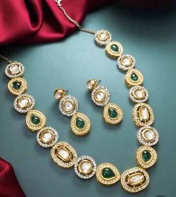 Bollywood Indian Jewelry Necklace Set Kundan With Emerald Green • $34.99