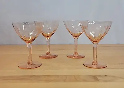 Vintage Pink Depression Cocktail Flower Etched Glass Stemware Delicate Set Of 4 • $29.99