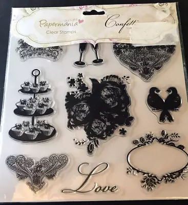 Papermania Confetti Clear Stamp Set - Wedding Love Flowers Cakes Heart Birds Et • £4.50