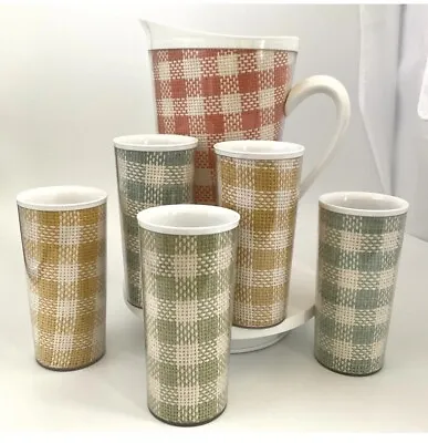 Vintage MCM Raffiaware Duo Temp Melmac Plaid Woven Burlap Pitcher & 5 Cups • $34.99