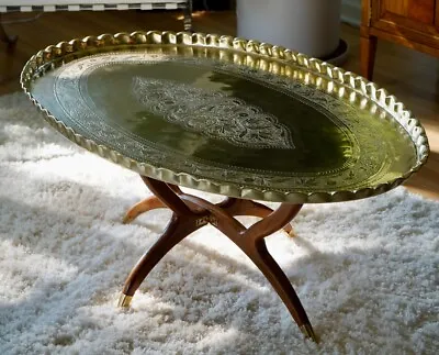 Mid Century Moroccan Etched Brass Oval Coffee Table On Teak Spider Legs • $1800