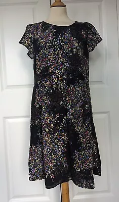 Set Black Micro Floral Print Chiffon Dress Size 14 Excellent Condition • £24.99