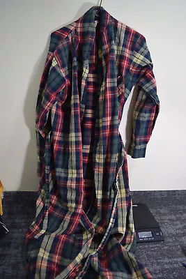 LL BEAN MENS M Plaid Flannel Belted Bathrobe Robe Red Yellow Blue Tartan Unlined • $29.99