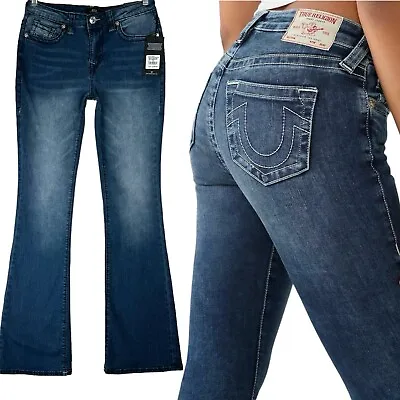 NEW True Religion Becca Mid Rise Big T Bootcut Jeans Size 27x32 Lagoon Wash $199 • $60.48