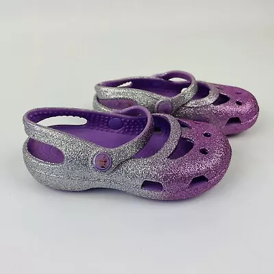 £14.65 • Buy Crocs Shayna Hi Kids Youth Sz C7 Sparkle Glitter Purple Silver Mary Jane Flats