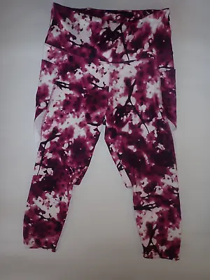 MARIKA Sport Capri Leggings Purple White Abstract Pattern XL Cropped Pockets • $14.99