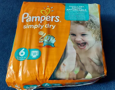 Vintage Pampers Simply Dry Diapers Size 6 15+ Kg 30pcs 2015 Opened RARE • $10.50