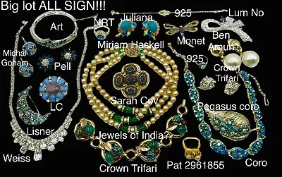 Vtg ALL SIGN Jewelry Lot Rhinestone Trifari Jewels India Haskell Ben Amun Weiss+ • $999