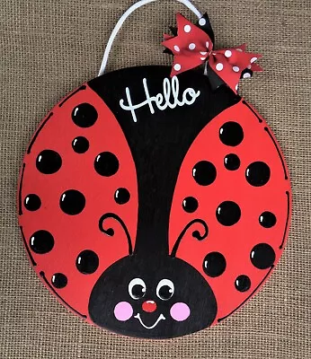 HELLO LADYBUG Welcome CIRCLE SIGN Wall Art Door Plaque Family Wood Decor Wreath • $13