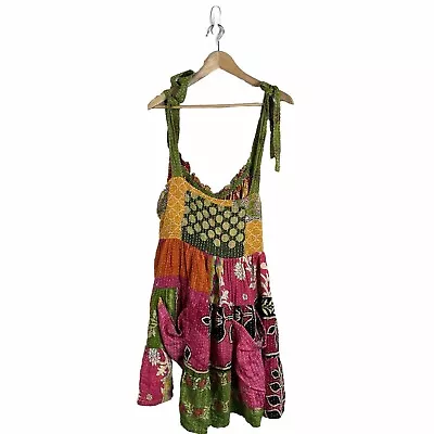 Kantha Bae Moxie Mini Dress Free Size Tunic Vtg Cotton Sari Gauze Multi Floral • $119