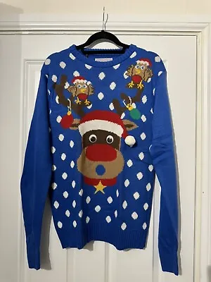 Men's Premium Christmas Jumper Reindeer Rudolph Faux Fur Novelty Xmas Sweater • £4.49