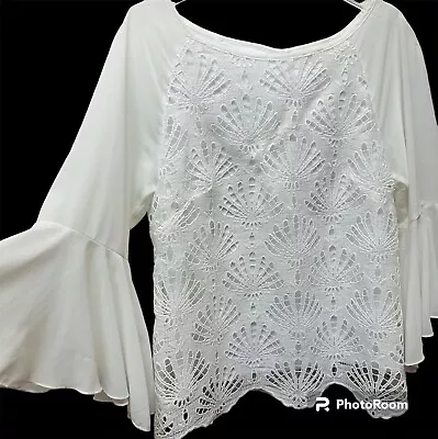 Adiva Top Womens M White Crochet Lace Chiffon Bell Sleeve Blouse Boho Feminine • $20.32