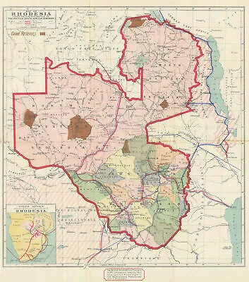 Rhodesia? British South Africa Company. Game Reserves. Zimbabwe Zambia 1910 Map • £350