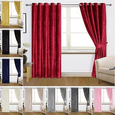 Crushed Velvet Eyelet Ring Top Curtains Ready Made Fully Lined Pair With Tieback • £34.13