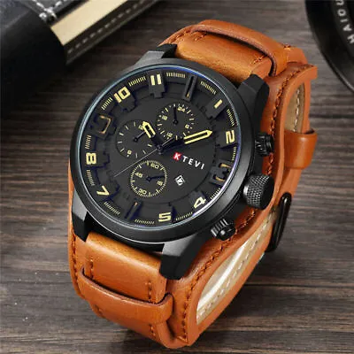 Men Military Quartz Watch Large Dial Casual Leather Strap Mens Wristwatch • £7.62
