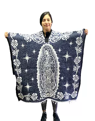 Mexican Poncho virgen De Guadalupe  Blanket Sarape  One Size  Navy Blue • $38