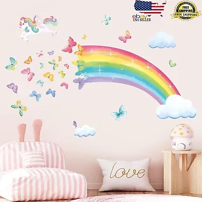 Rainbow Wall Decals Unicorn Rainbow Butterflies Clouds Wall Stickers Wall Decor • $59.99