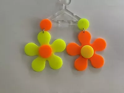 Long Drop 60’s Style Neon Orange And Yellow Flower Earrings • £7.25