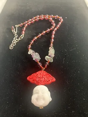 Vintage Amethyst Jade Cinnabar Drop Pendant Jolly Jade Buddha Necklace • $19.99