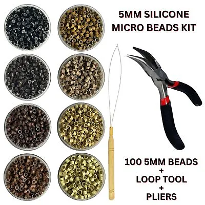 5mm Silicone Lined Micro Beads Rings 100 Pliers & Loop Tool Hair Extensions Kit • £6.99