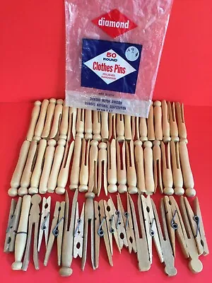 Vtg Lot 57 WOODEN WOOD CLOTHES PINS Round Flat Head Spring Loaded Old Weathered • $15