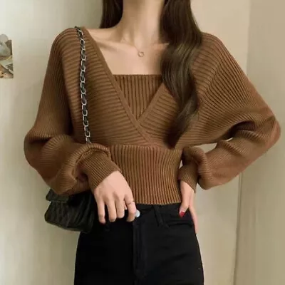 Autumn Korean Women Solid Color Fake Two Piece Long Sleeve Chic Knitted Sweater • $22.36