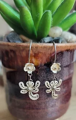 VINTAGE Sterling Silver 925 Filigree Dangle Earrings FLOWER Butterfly/Dragonfly • $28.99