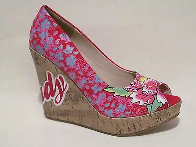 Ed Hardy Red Slip On Peep Toe Wedge Platform Sandals Shoes Womens Sz 7 • $44.99