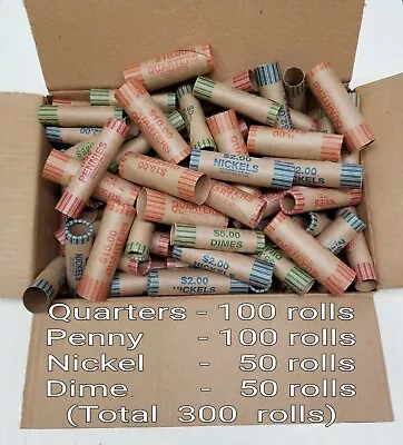 300 Rolls Preformed Coin Wrappers ASSORTED Paper Tubes Quarter Penny Nickel Dime • $20.95