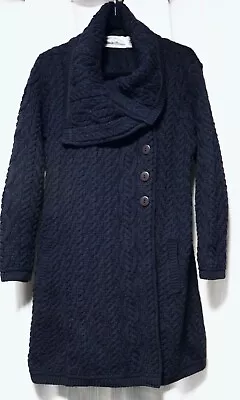 Aran Crafts 100% Merino Wool Knit Sweater Coat Made In Ireland Navy Large L • $65