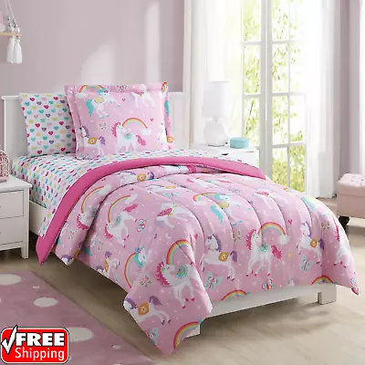 Twin&Full Kids Bedding Set Sheets Girls Comforter Rainbow Unicorn 5 Piece Pink • $35.70