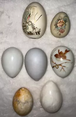 Vtg Antique Hand Blown Milk Glass Nesting Eggs (3) Marble (2) Ceramic (2) • $65