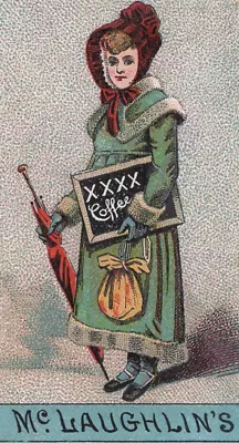 1880's -90s McLaughlin's XXXX Roasted Coffee Victorian Trade Card Woman Umbrella • $10.95