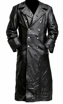  Long German Trench Coat Men's Black Leather Classic Officer Military • $88.99