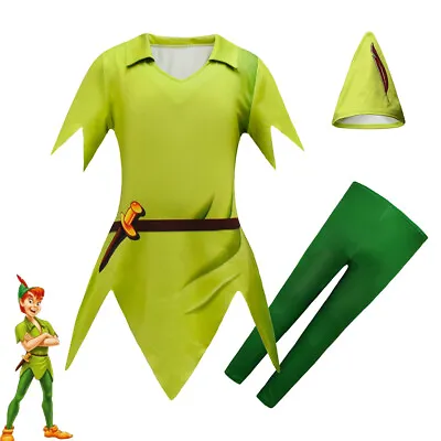 Kids Peter Pan Top Pants Hat Outfit Cosplay Costume Halloween Fancy Dress Up • $32.97