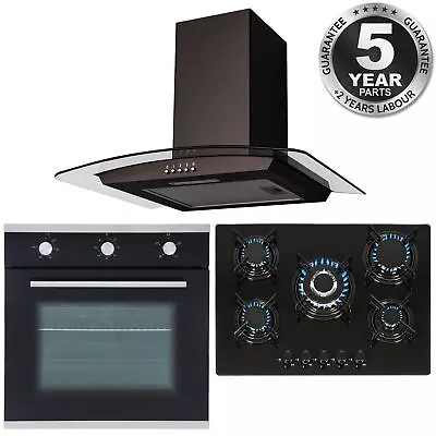 SIA Black True Fan Single Oven 5 Burner Glass Gas Hob & 70cm Curved Cooker Hood • £435.99