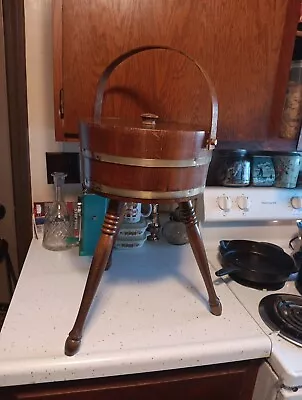 Vintage Mcm Wood Firkin Bucket Sewing Basket On 3 Legs With Lid • $45