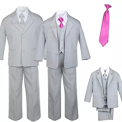 $59.98 • Buy 6 PC Satin Tie + Baby Toddler Kid Formal Wedding Party Tuxedo Gray Boy Suit S-20