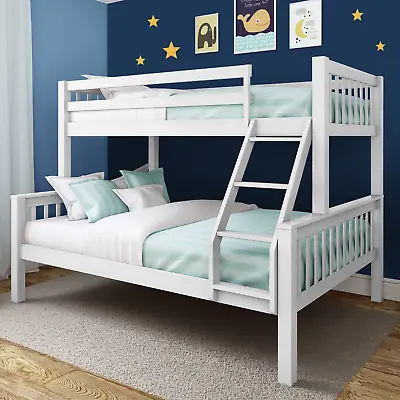 Triple Bunk Beds Double Bed With Stairs For Kids Children White Wooden Bed Frame • £259.95