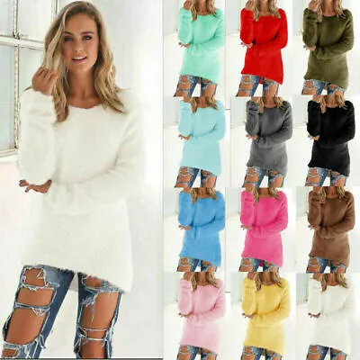 Ladies Winter Warm Plain Sweater Fluffy Jumper Casual Long Sleeve Pullover Tops • £13.89